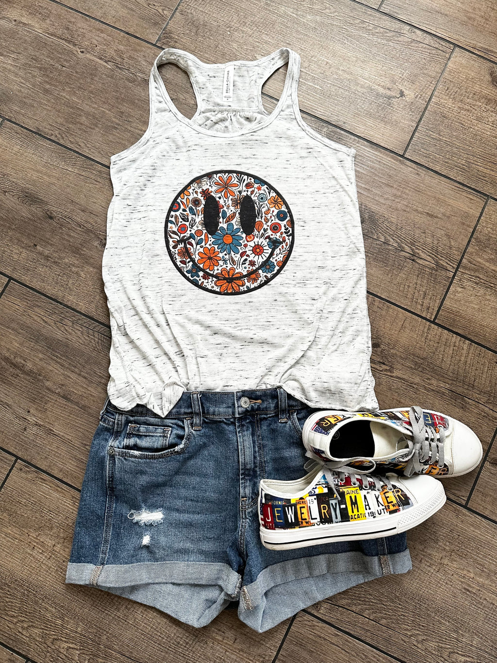 Retro Floral Smiley Face Racerback Tank Top