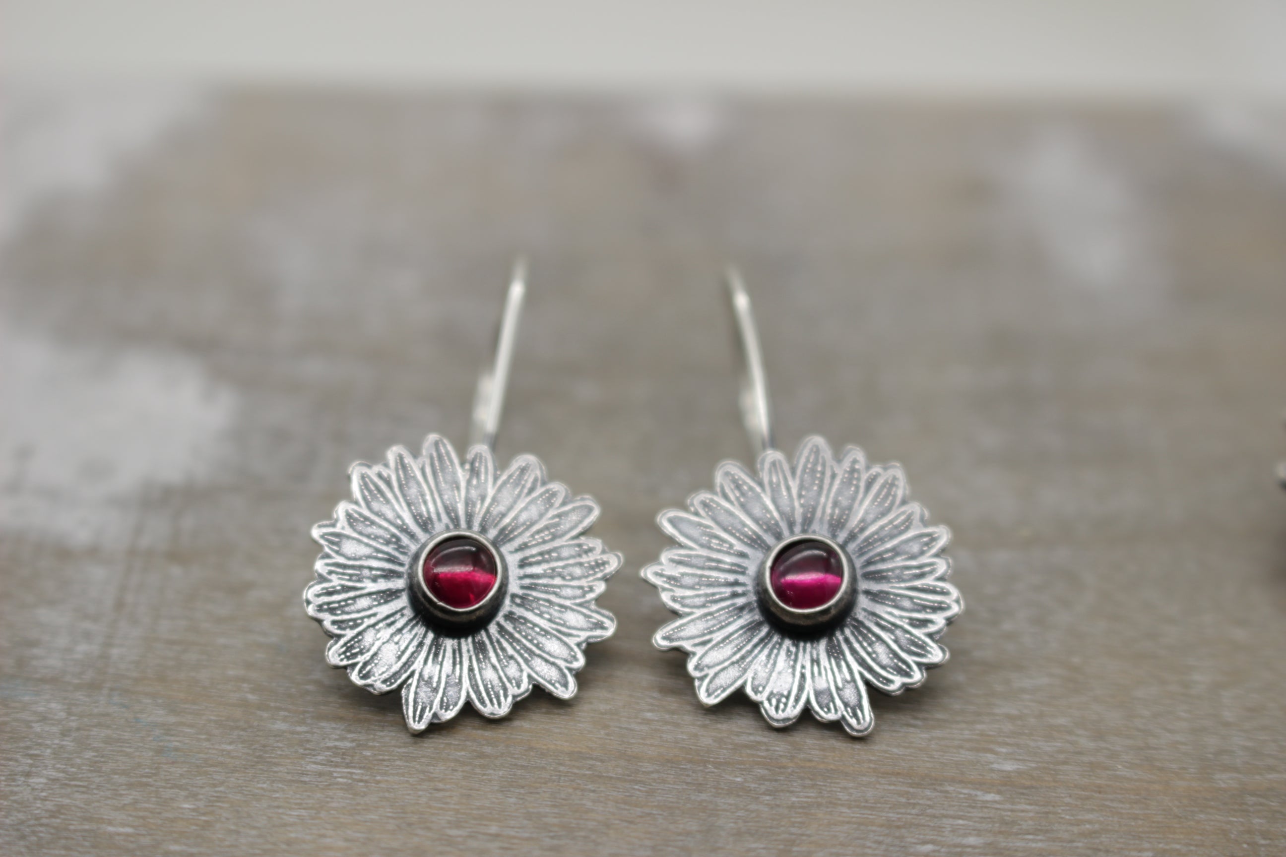 Pink Sapphire Sterling silver daisy earrings