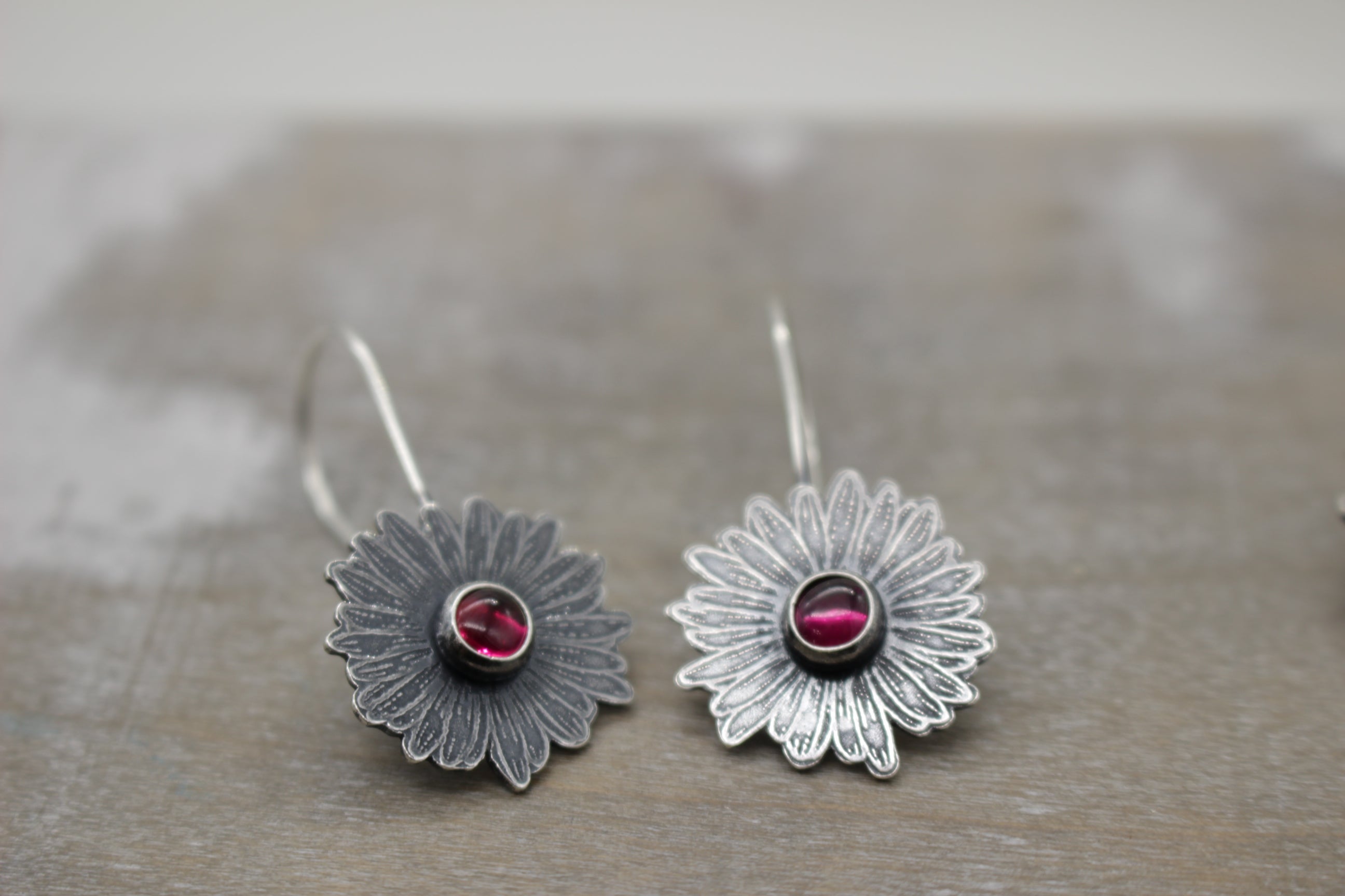 Pink Sapphire Sterling silver daisy earrings