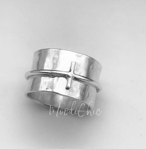 Spinner Ring with Cross - Sterling Silver Ring - Wide Band Ring - Christian Ring - Gift for her - Meditation Ring