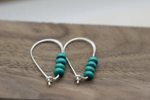 Turquoise wooden simple Hoops - Sterling Silver Hoop Earrings - Gift for Her - Jewelry Sale - Small wooden beaded Hoops - Dangle Earrings