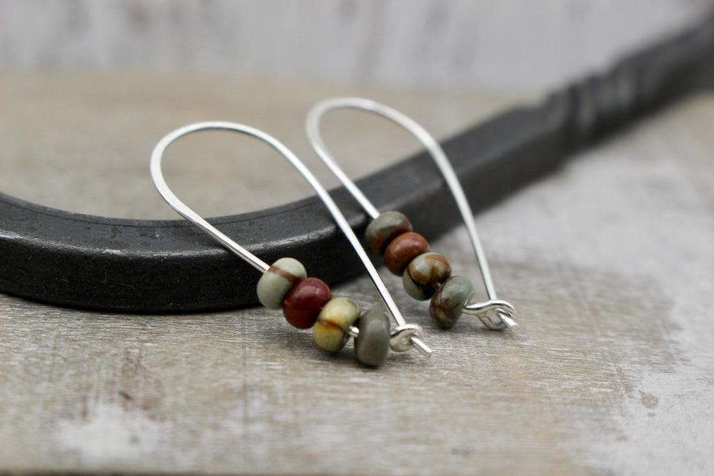 Red Creek Jasper Sterling Silver Hoop Earrings / Beaded Hoops / Gift for Het