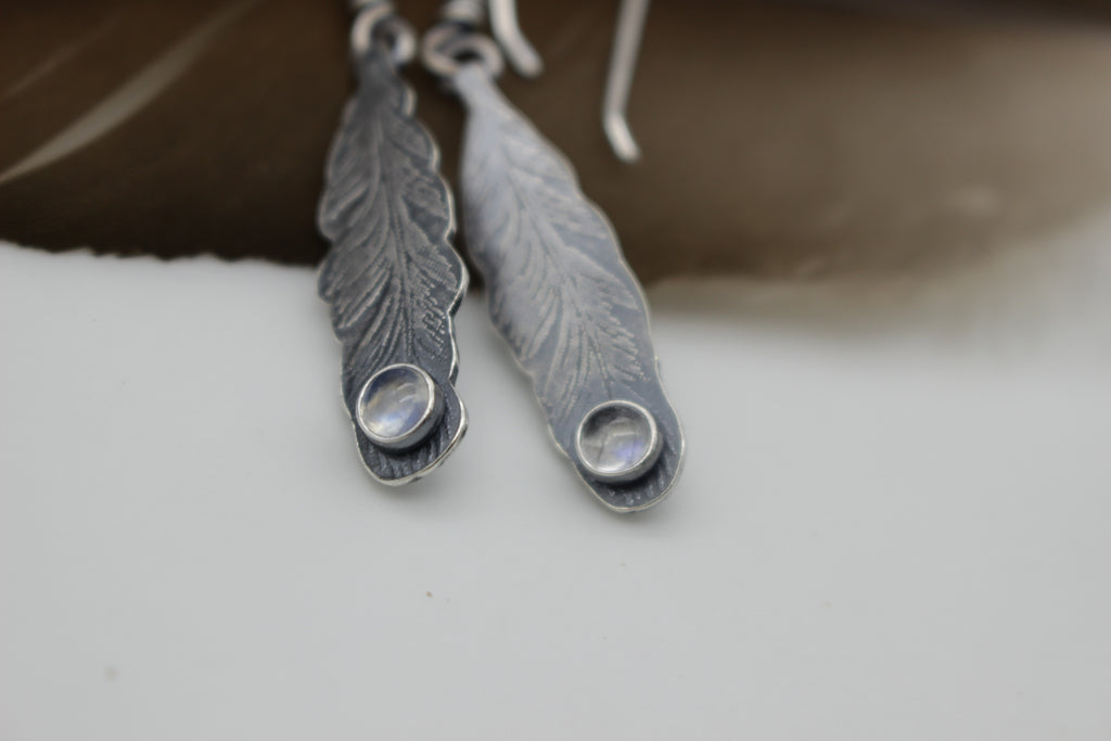 Rainbow Moonstone Feather Earrings