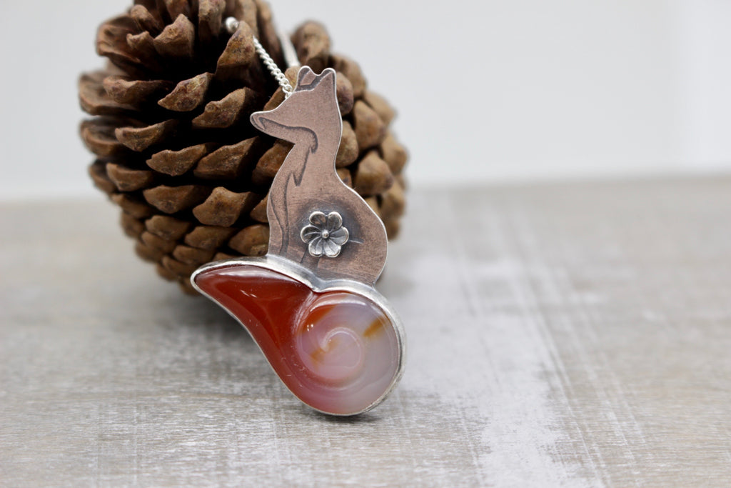 Red agate sterling silver fox